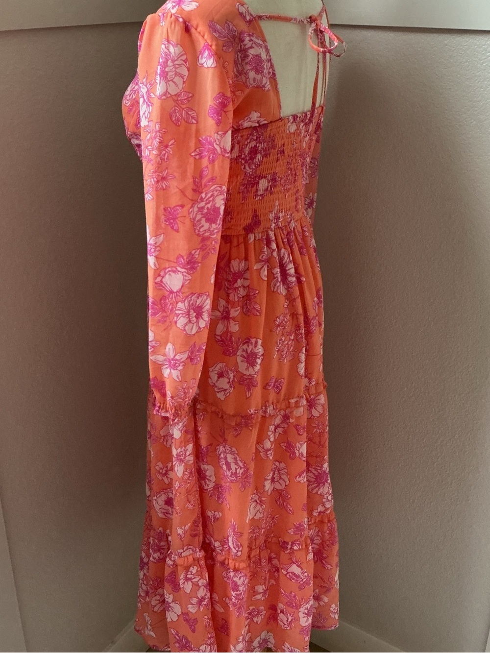 Sincerely Jules Cottagecore  Coral Pink Floral V-Neck Tiered Midi Dress - Picture 5 of 10